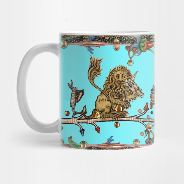 WEIRD MEDIEVAL BESTIARY MAKING MUSIC Violinist Lion,Hare,Snail Cat in Blue Turquoise by BulganLumini